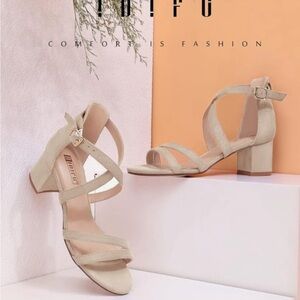 IDIFU Cream Heels Block Ankle Strap